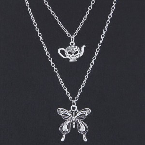 Magic Lantern and Butterfly Pendants Dual Layer Alloy Fashion Necklace