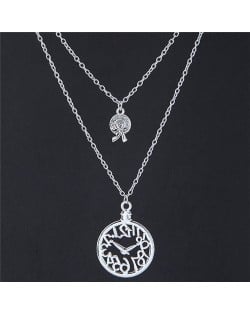 Strawhat and Hollow Clock Pendants Dual Layers Women Fashion Necklace