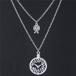 Strawhat and Hollow Clock Pendants Dual Layers Women Fashion Necklace