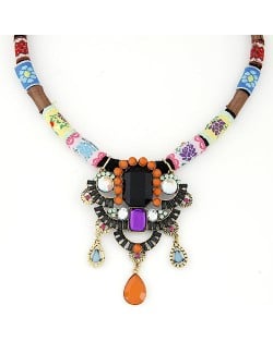 Resin Gems Inlaid Dimensional Flower Pendant Floral Prints Rope Fashion Necklace