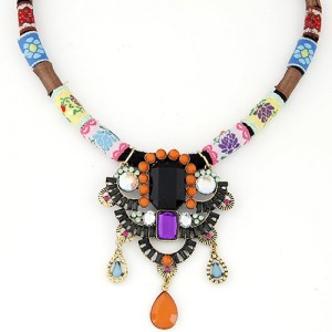Resin Gems Inlaid Dimensional Flower Pendant Floral Prints Rope Fashion Necklace