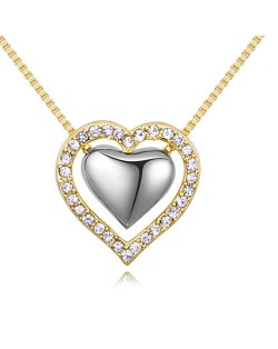 Imported Czech Crystal Inlaid Dual Hearts Design Costume Necklace - Gold and Platinum