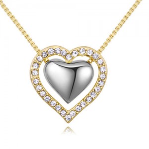 Imported Czech Crystal Inlaid Dual Hearts Design Costume Necklace - Gold and Platinum