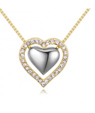 Imported Czech Crystal Inlaid Dual Hearts Design Costume Necklace - Gold and Platinum
