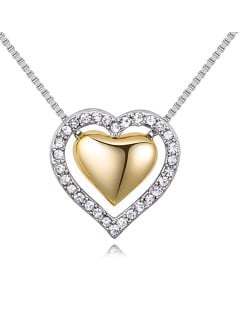Imported Czech Crystal Inlaid Dual Hearts Design Costume Necklace - Platinum and Golden Heart
