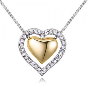 Imported Czech Crystal Inlaid Dual Hearts Design Costume Necklace - Platinum and Golden Heart