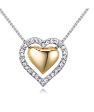 Imported Czech Crystal Inlaid Dual Hearts Design Costume Necklace - Platinum and Golden Heart