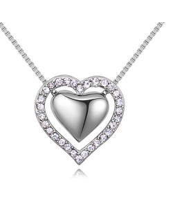 Imported Czech Crystal Inlaid Dual Hearts Design Costume Necklace - Platinum