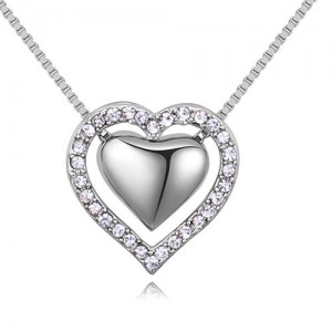 Imported Czech Crystal Inlaid Dual Hearts Design Costume Necklace - Platinum