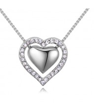 Imported Czech Crystal Inlaid Dual Hearts Design Costume Necklace - Platinum