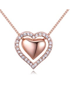 Imported Czech Crystal Inlaid Dual Hearts Design Costume Necklace - Rose Gold