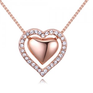 Imported Czech Crystal Inlaid Dual Hearts Design Costume Necklace - Rose Gold