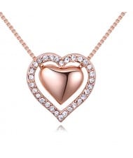 Imported Czech Crystal Inlaid Dual Hearts Design Costume Necklace - Rose Gold