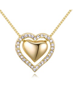 Imported Czech Crystal Inlaid Dual Hearts Design Costume Necklace - Champagne Gold