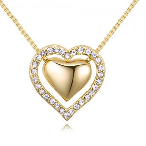 Imported Czech Crystal Inlaid Dual Hearts Design Costume Necklace - Champagne Gold