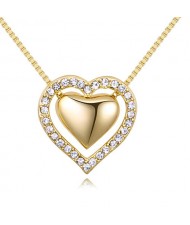 Imported Czech Crystal Inlaid Dual Hearts Design Costume Necklace - Champagne Gold