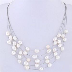 Graceful Natural Pearl Multi-layer Women Costume Necklace - White