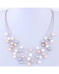 Graceful Natural Pearl Multi-layer Women Costume Necklace - Multicolor