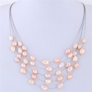 Graceful Natural Pearl Multi-layer Women Costume Necklace - Champagne