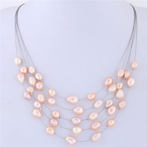 Graceful Natural Pearl Multi-layer Women Costume Necklace - Champagne