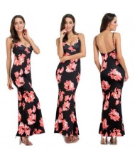 Flowers Printing Straps High Fashion Women One-piece Dress - Red