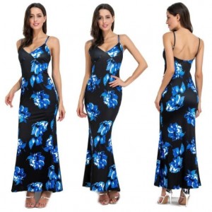 Flowers Printing Straps High Fashion Women One-piece Dress - Blue