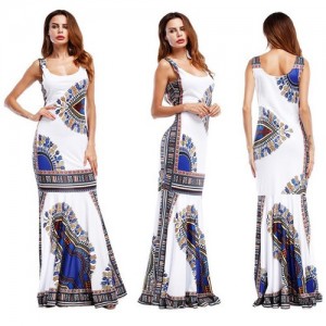 Folk Style Printing Straps One-piece Women Fashion Long Dress - White