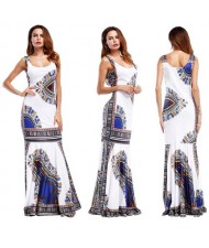 Folk Style Printing Straps One-piece Women Fashion Long Dress - White