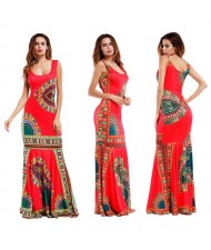 Folk Style Printing Straps One-piece Women Fashion Long Dress - Red