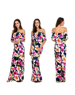 Romantic Flowers Printing Wrap Chest Flouncing Design One-piece Women Fashion Long Dress
