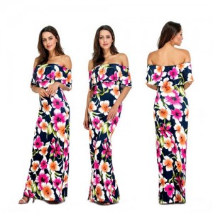 Romantic Flowers Printing Wrap Chest Flouncing Design One-piece Women Fashion Long Dress