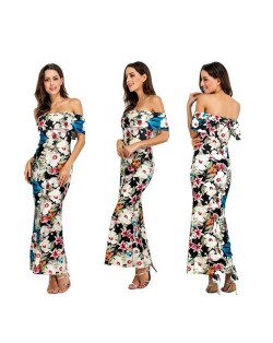 White and Red Floral Printing Spring Style Wrap Chest Flouncing Design One-piece Long Dress