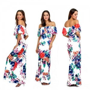 Blooming Flowers Printing Wrap Chest Flouncing Design White One-piece Women Long Dress