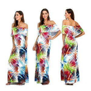Coconut Trees Printing Wrap Chest Flouncing Design One-piece Women Long Dress