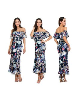 Traditional Wealthy Flowers Printing Wrap Chest Flouncing Design One-piece Women Long Dress