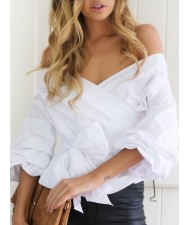 Off Shoulder Three-quarter Sleeves Bowknot Decorated High Fashion Women Top - White
