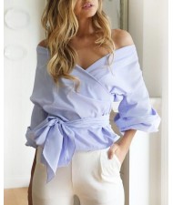 Off Shoulder Three-quarter Sleeves Bowknot Decorated High Fashion Women Top - Light Blue