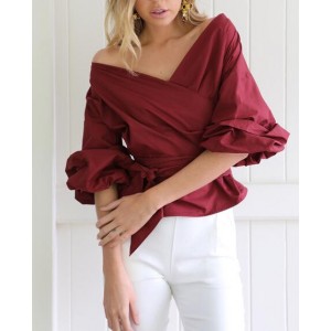 Off Shoulder Three-quarter Sleeves Bowknot Decorated High Fashion Women Top - Wine Red