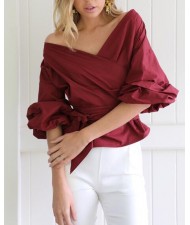 Off Shoulder Three-quarter Sleeves Bowknot Decorated High Fashion Women Top - Wine Red