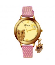 Unique Design Golden Owl Young Lady Fashion Wrist Watch - Rose