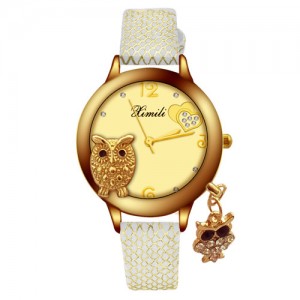 Unique Design Golden Owl Young Lady Fashion Wrist Watch - White