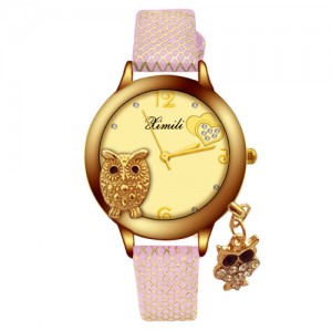 Unique Design Golden Owl Young Lady Fashion Wrist Watch - Pink