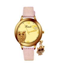 Unique Design Golden Owl Young Lady Fashion Wrist Watch - Pink