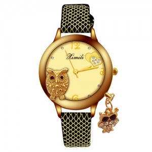 Unique Design Golden Owl Young Lady Fashion Wrist Watch - Black