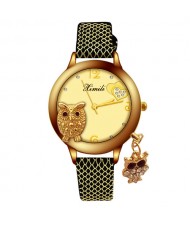 Unique Design Golden Owl Young Lady Fashion Wrist Watch - Black