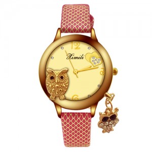 Unique Design Golden Owl Young Lady Fashion Wrist Watch - Red