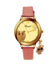 Unique Design Golden Owl Young Lady Fashion Wrist Watch - Red