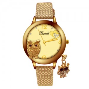 Unique Design Golden Owl Young Lady Fashion Wrist Watch - Brown