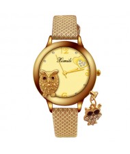 Unique Design Golden Owl Young Lady Fashion Wrist Watch - Brown