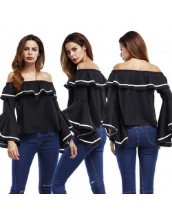 Off Shoulder Flouncing Fashion Flare Sleeves Casual Style Women Top - Black